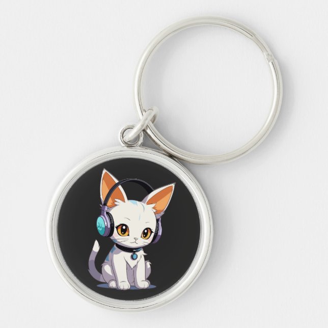 Kawaii Kitty in Stylish Headphones Keychain (Front)