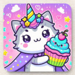 Kawaii Kitty With cupcake Birthday Card Beverage Coaster