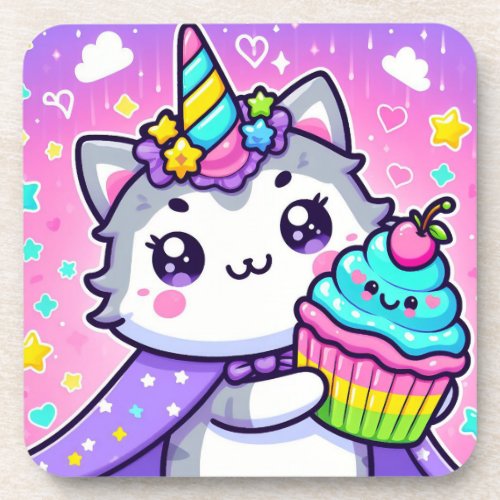 Kawaii Kitty With cupcake Birthday Card Beverage Coaster