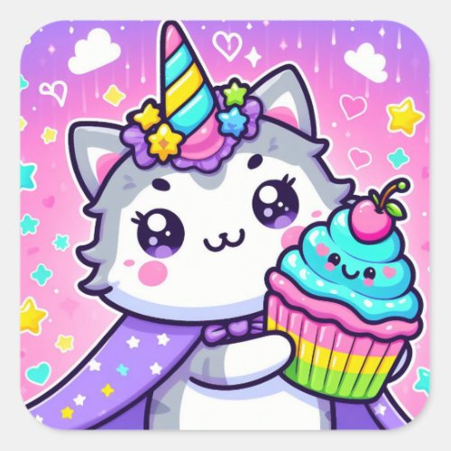 Kawaii Kitty With cupcake Birthday  Square Sticker