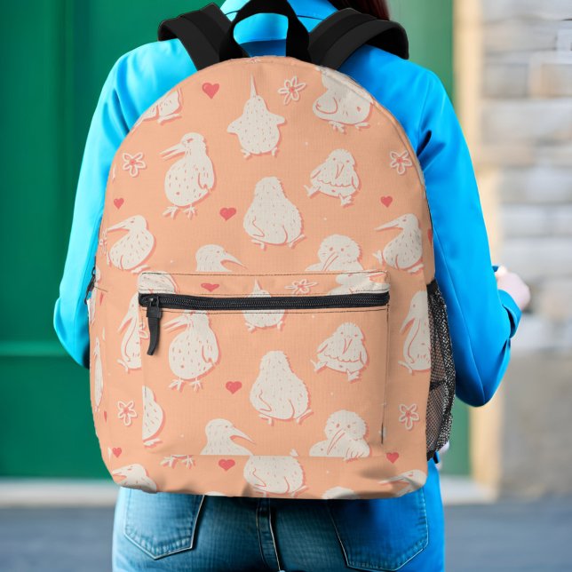 Kawaii Kiwi Bird Butts Cute Peach Funny Teen Girl Printed Backpack (Cute peach kiwi backpack with a kawaii doodle pattern of silly birds with fuzzy butts)