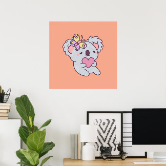Kawaii Koala with Heart and Butterfly Poster