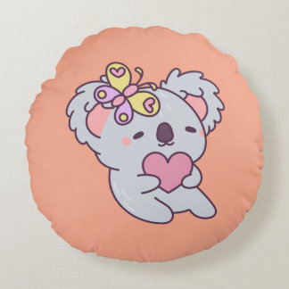 Kawaii Koala with Heart and Butterfly Round Pillow