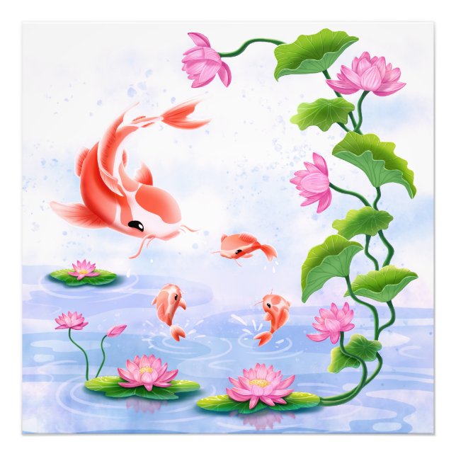 Kawaii Koi Fish Pink Water Lilies Pond Photo Print (Front)