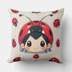 Kawaii Ladybug Child Whimsical Cartoon Kid Design Throw Pillow