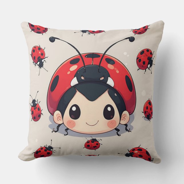 Kawaii Ladybug Child Whimsical Cartoon Kid Design Throw Pillow (Front)
