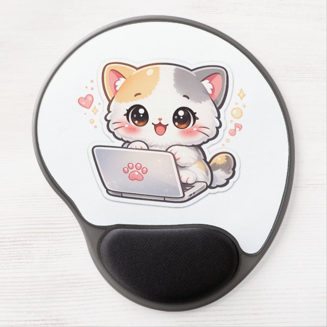 Kawaii Laptop Cat Gel Mouse Pad | Cute Chibi Kitty (Front)