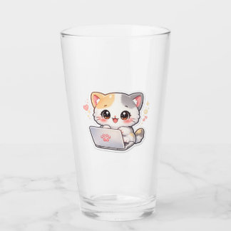 Kawaii Laptop Cat Glass | Cute Chibi Kitty Drinkin