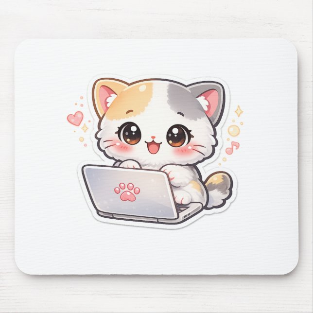 Kawaii Laptop Cat Mouse Pad | Cute Chibi Kitty Des (Front)