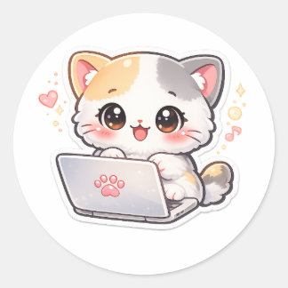 Kawaii Laptop Cat Sticker | Cute Chibi Kitty Worki