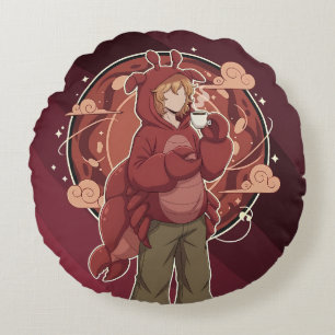 Kawaii Lobster Barista: Seafront Coffee Art Round Pillow