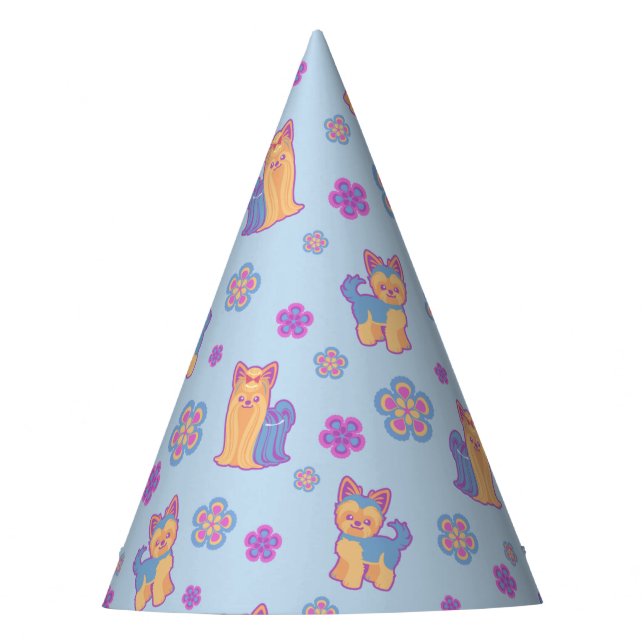 Kawaii Long and Short Hair Yorkie Cartoon Dogs Party Hat (Front)