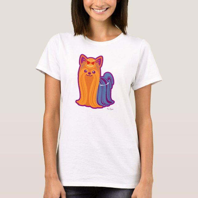 Kawaii Long Hair Yorkie Cartoon Dog T-Shirt (Front)