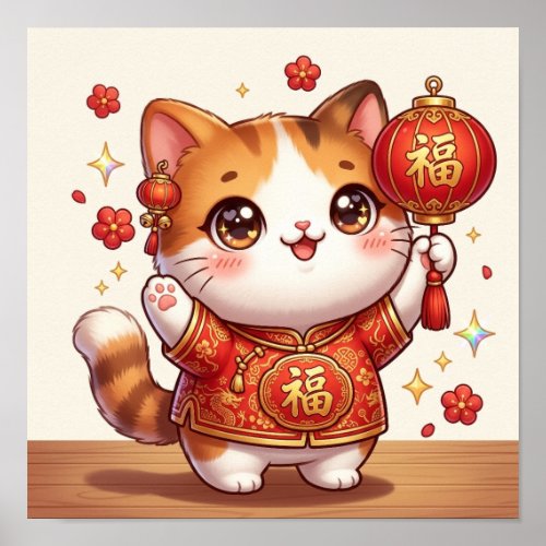Kawaii Lucky Cat Chinese New Year Lantern Festive Poster
