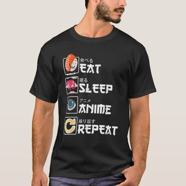Kawaii Manga Sushi - Eat Sleep Anime Repeat - Cute T-Shirt (Front)