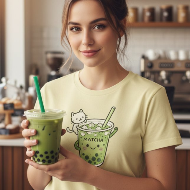 Kawaii Matcha Bubble Tea Cat Cute Iced Drink Graph T-Shirt (Creator Uploaded)