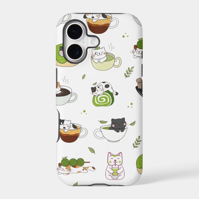 Kawaii Matcha Cat Seamless Pattern iPhone Case (Back)