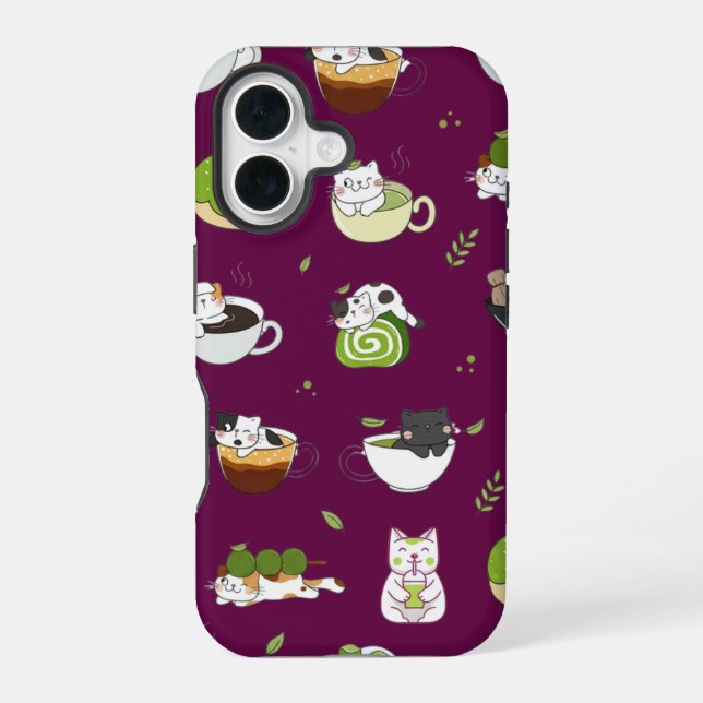 Kawaii Matcha Cat Seamless Pattern iPhone Case (Back)