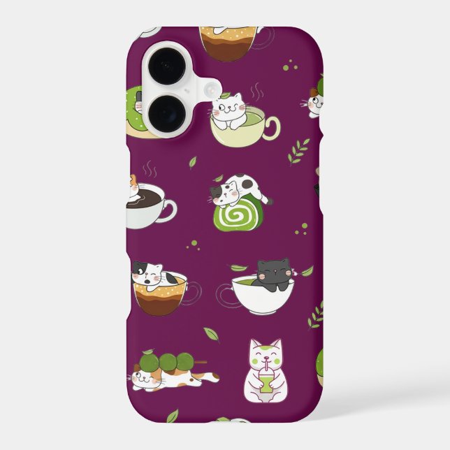 Kawaii Matcha Cat Seamless Pattern iPhone Case (Back)