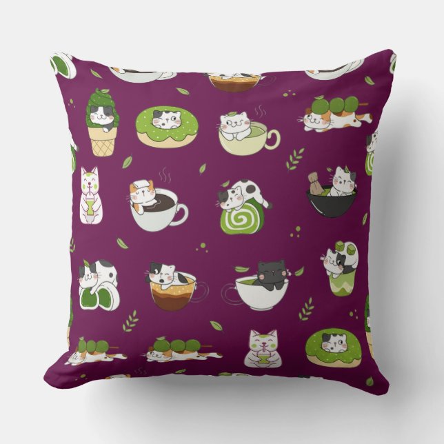 Kawaii Matcha Cat Seamless Pattern Throw Pillow (Front)