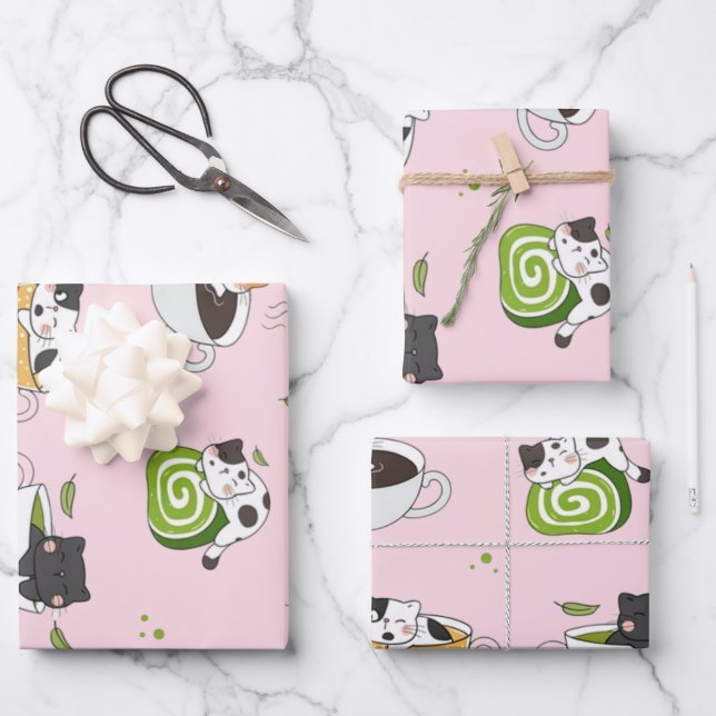 Kawaii Matcha Cat Seamless Pattern Wrapping Paper Sheets (Front)