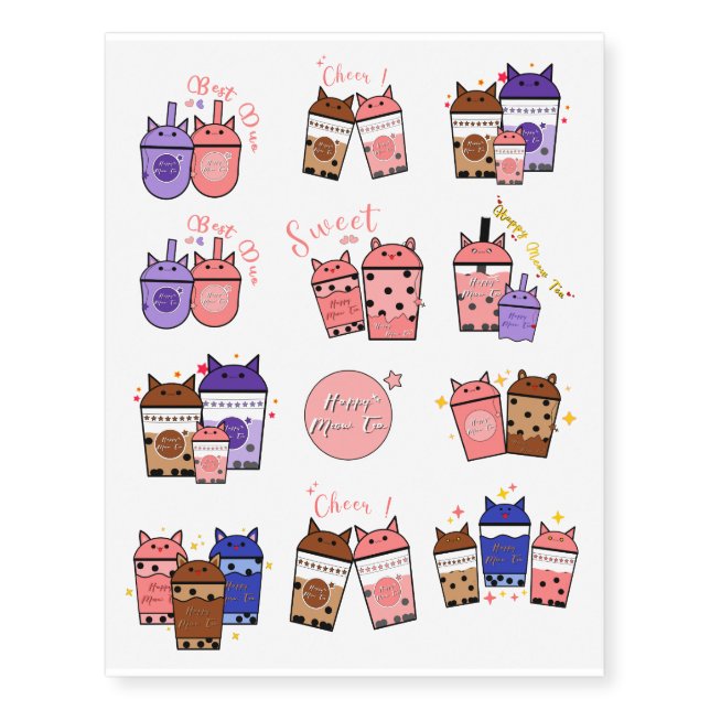 Kawaii Meow Tea Cup Best Duo Temporary Tattoos (Front)