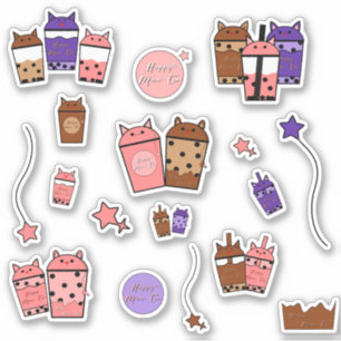 Kawaii Meow Tea Vinyl Sticker Set of 17 Stickers