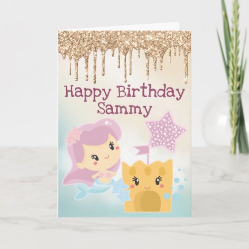 Kawaii Mermaid and Sandcastle Gradient Birthday Card