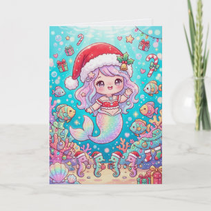 Kawaii Mermaid Christmas Cute Cartoon Card