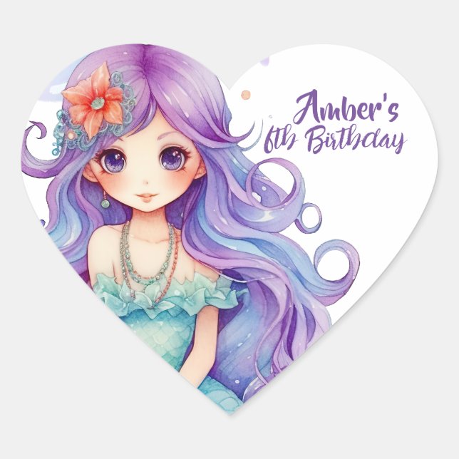 Kawaii Mermaid Party Heart Sticker (Front)