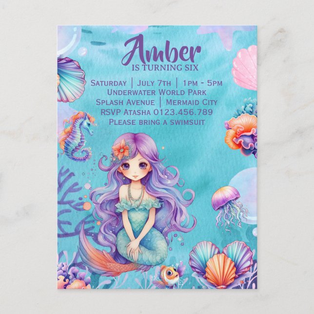 Kawaii Mermaid Party  Invitation Postcard (Front)