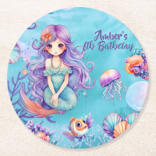 Kawaii Mermaid Party  Round Paper Coaster