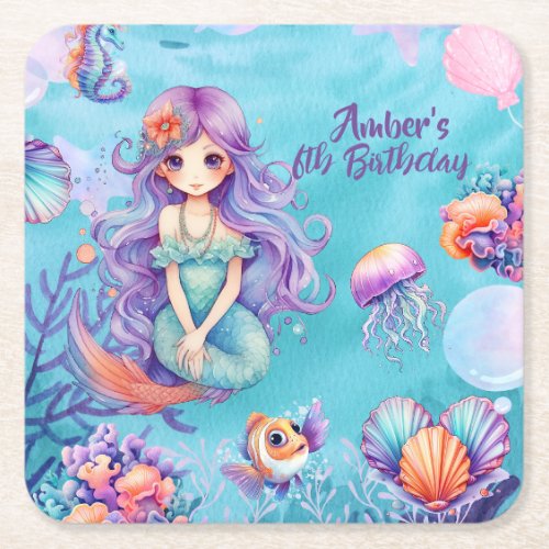 Kawaii Mermaid Party  Square Paper Coaster