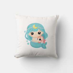 Kawaii Mermaid Throw Pillow – Cute Ocean Art with
