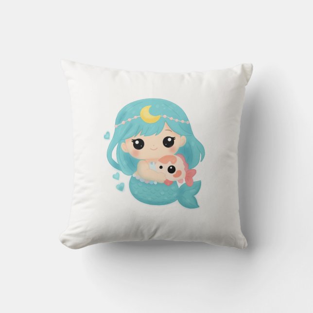 Kawaii Mermaid Throw Pillow – Cute Ocean Art with  (Front)