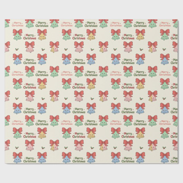 Kawaii "Merry Christmas" Bell & Ribbon Wrapping Paper (Flat)