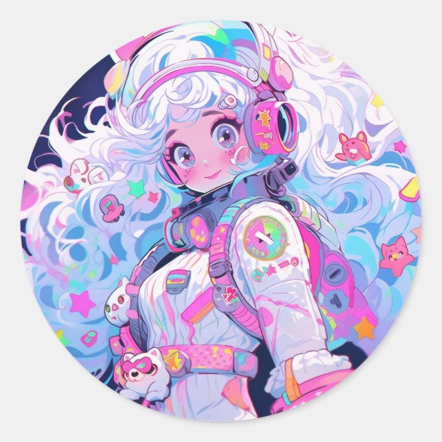 Kawaii Moe Pastel Space Astronaut Anime Girl Classic Round Sticker (Front)