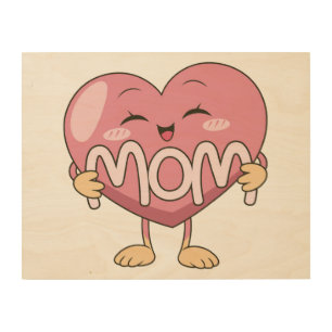 Kawaii Mom Heart Hug Design Wood Wall Art