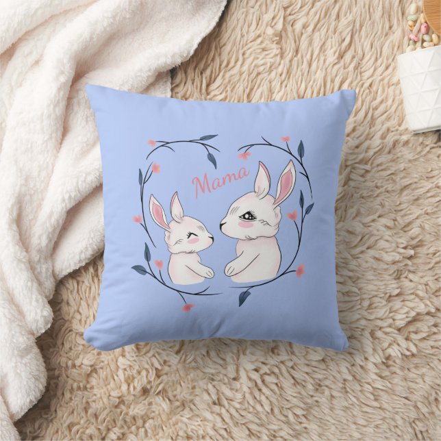 kawaii mom rabbit and her baby with flowers throw pillow (Blanket)