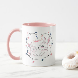 kawaii mom rabbit and her bunny with flowers mug
