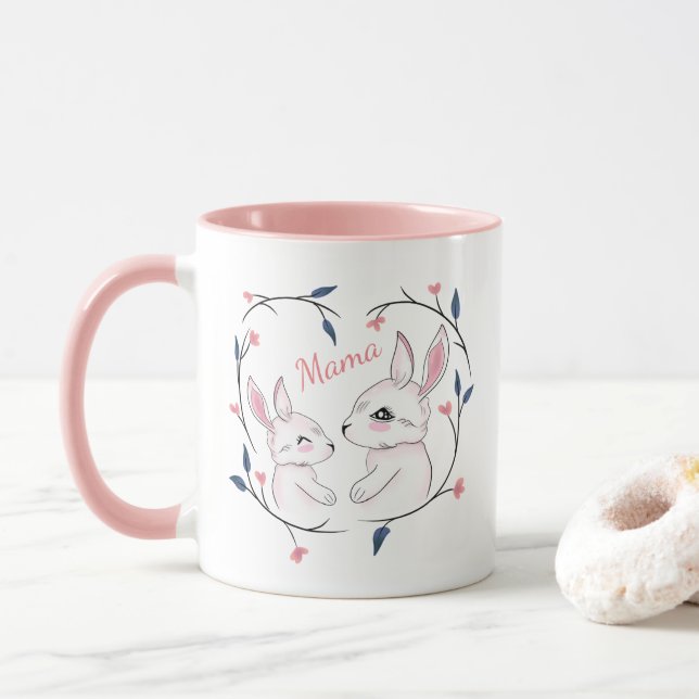 kawaii mom rabbit and her bunny with flowers mug (With Donut)