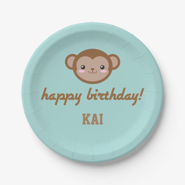 Kawaii Monkey Birthday Party Blue Green Paper Plates (Front)