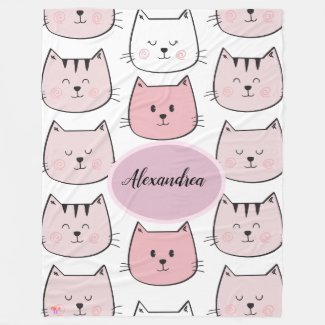 Kawaii Monogrammed Kitten Theme Fleece Blanket