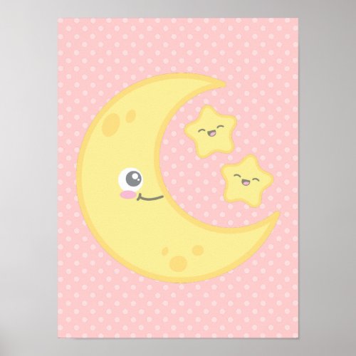 Kawaii Moon and Stars Poster Print