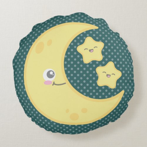 Kawaii Moon and Stars Round Pillow