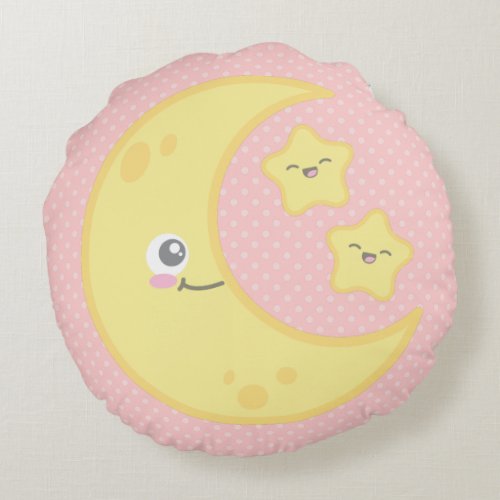 Kawaii Moon and Stars Round Pillow