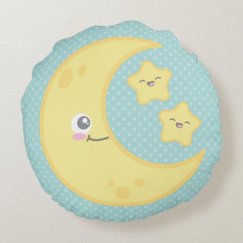 Kawaii Moon and Stars Round Pillow