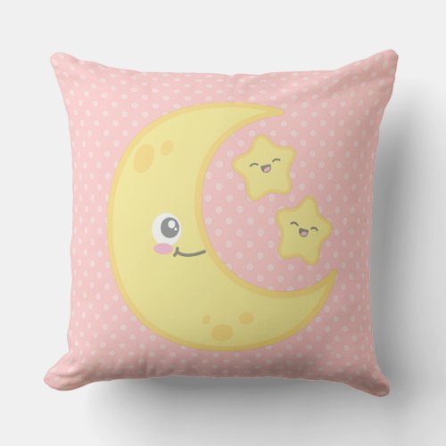 Kawaii Moon and Stars Throw Pillow