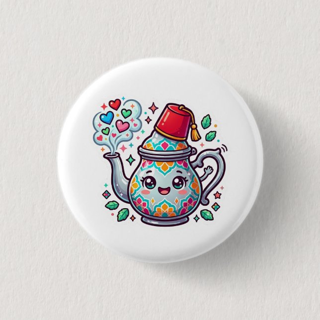 Kawaii Moroccan Mint Tea Pot Sticker Button (Front)