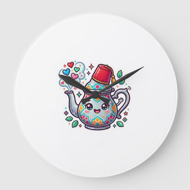Kawaii Moroccan Mint Tea Pot Sticker Large Clock (Front)